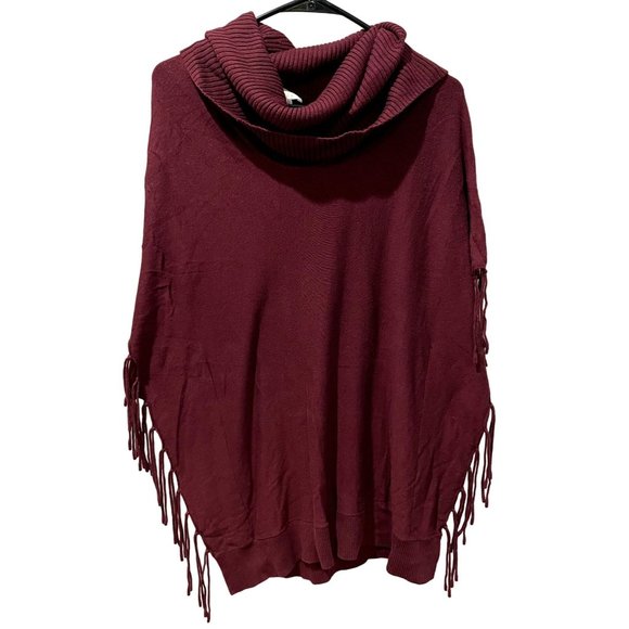 Michael Kors Burgundy Cowl Neck Fringe‎ Poncho Sweater Size Small | V1 - Picture 1 of 4